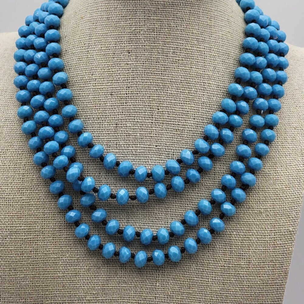 Blue Faceted Round Crystal Beaded Necklace 60" Continuous Hand Knotted 7.3mm